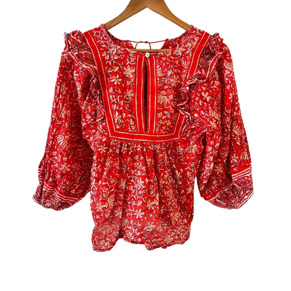 Cleobella Floral Peasant Tunic Top Womens XS Red Ruffle Tassel Boho Blouse - Picture 2 of 11